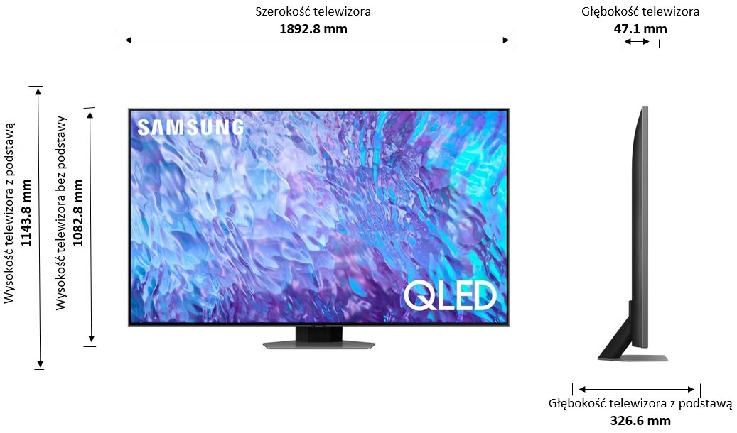 Telewizor pokazujący swoje wymiary. Jest czarny ze srebrną podstawą i logo QLED, ze specyfikacjami rozmiaru.