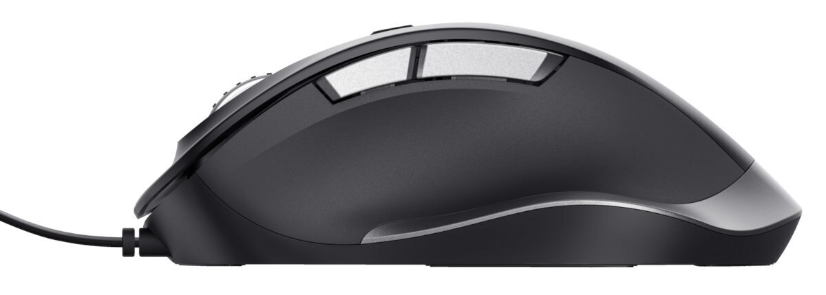 Widok z boku czarnej myszy do gier ze srebrnym akcentem, pokazujący kabel.