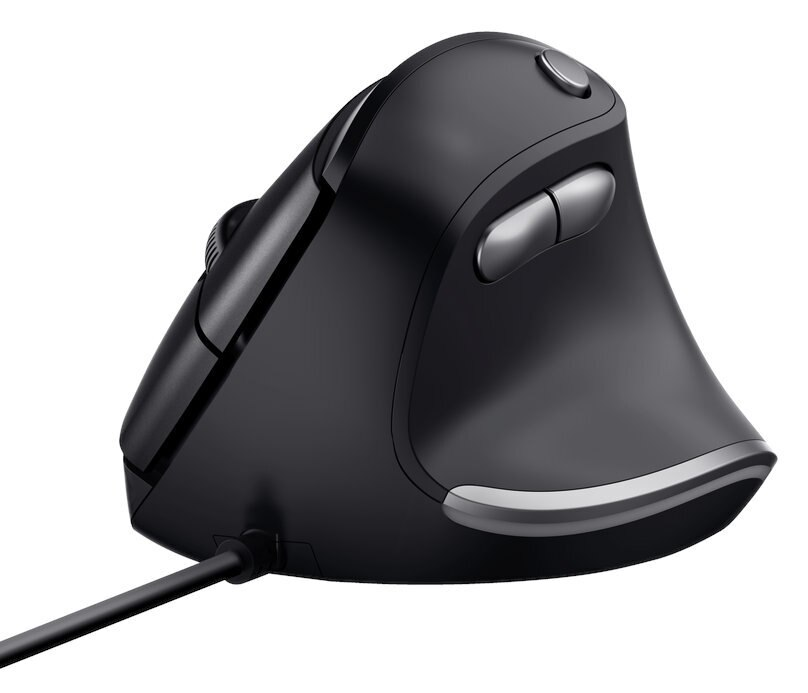 Czarna mysz pionowa ze srebrnymi akcentami. Białe tło.