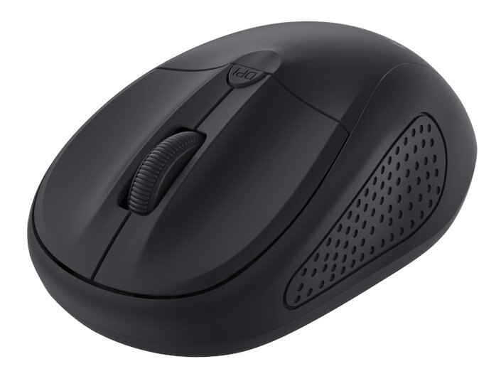 Czarna mysz bezprzewodowa z kółkiem przewijania i teksturowanymi bokami, białe tło.