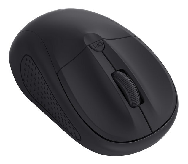 Czarna bezprzewodowa mysz komputerowa z kółkiem przewijania i przyciskiem DPI.
