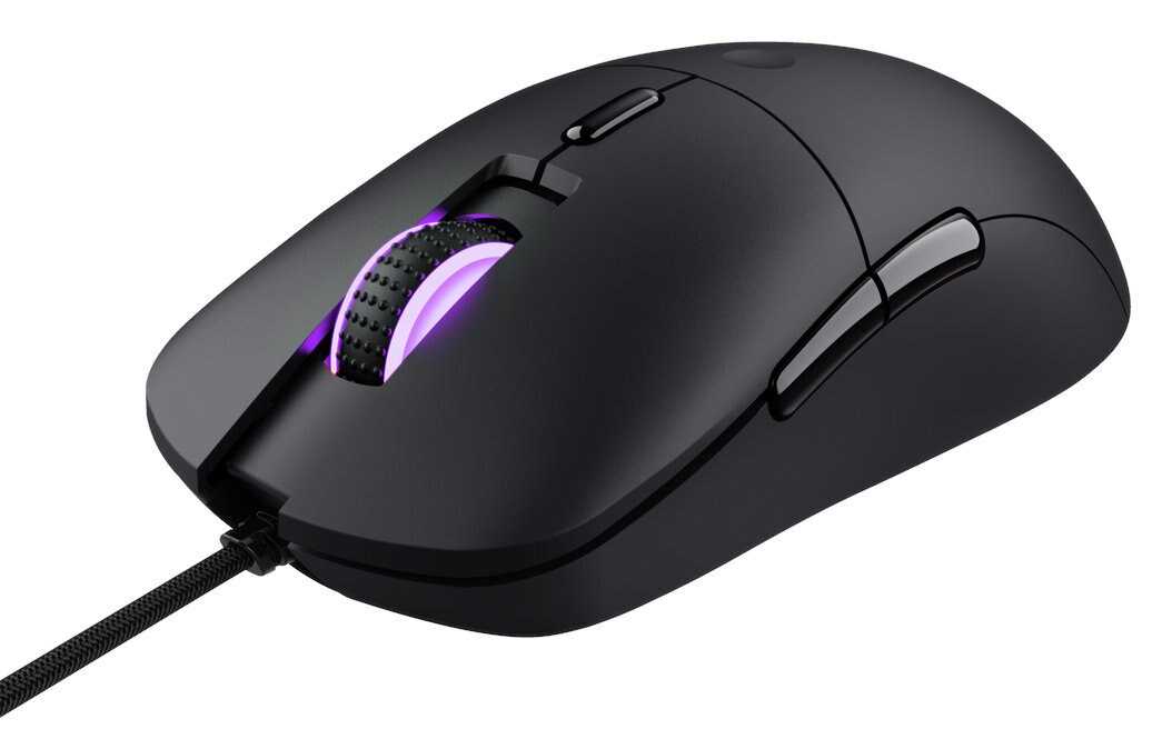 Czarna mysz do gier z przewijanym kółkiem podświetlanym na fioletowo i plecionym kablem.