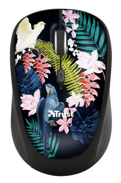 Czarna i kwiatowa mysz z papugami i różowymi kwiatami.