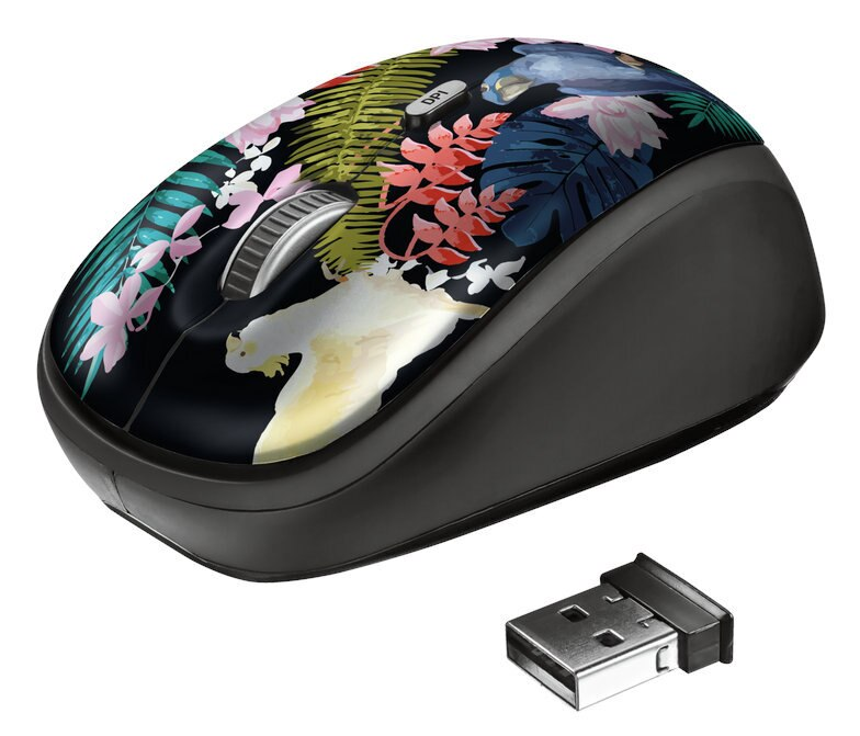 Czarna mysz komputerowa z kwiatowym i ptasim wzorem na górze oraz odbiornikiem USB.