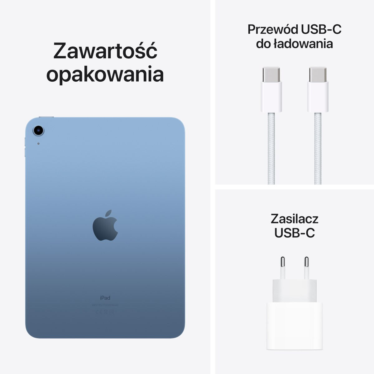 Niebieski iPad, kabel USB-C i ładowarka na białej powierzchni. Tekst po polsku.