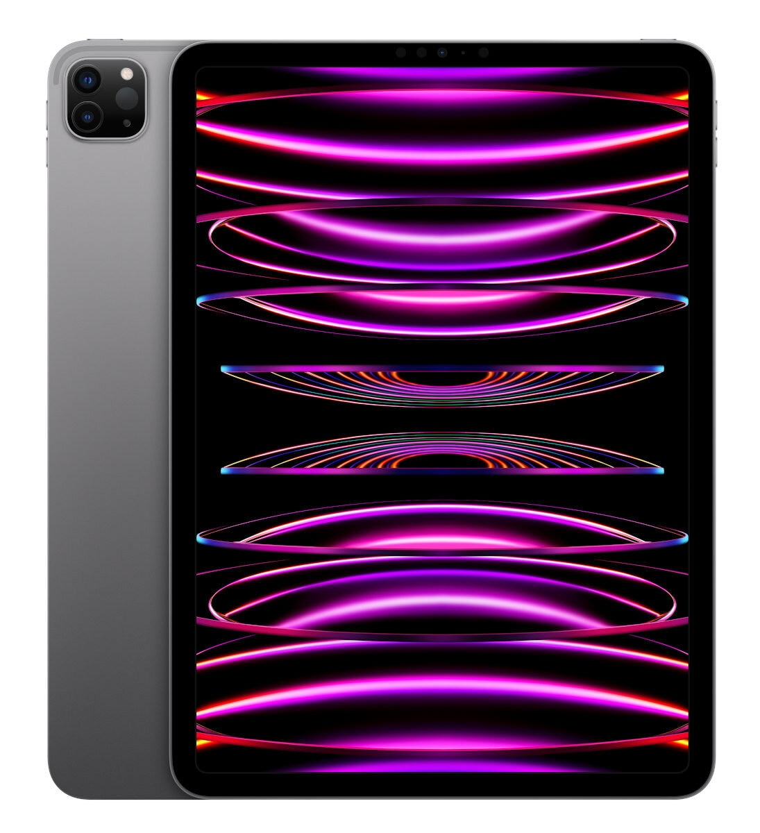 iPad Pro, szary tył, czarny ekran z kolorowymi liniami. Aparat z tyłu.