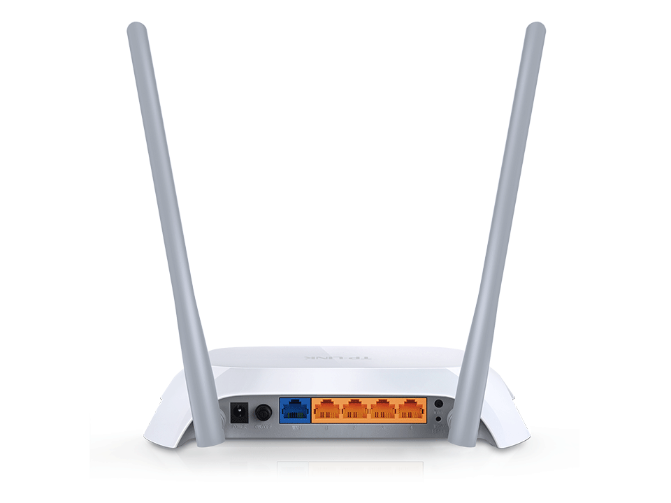 Biały router z dwiema antenami. Tył posiada porty i wejście zasilania. Na białej powierzchni.