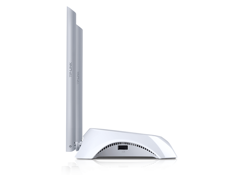 Biały router Wi-Fi TP-Link z dwiema antenami rozciągającymi się w górę, czarne tło.