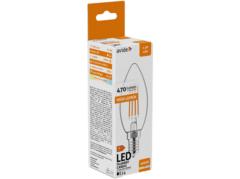 AVIDE LED Filament Candle gyertya izzó, 4.5W, E14, 470lm, NW 4000K, természetes fehér (ABLFC14NW-4.5W)