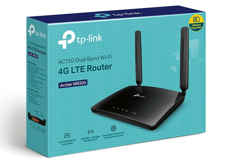 Router na pudełku. Router czarny z antenami, pudełko turkusowe. Tekst: AC750 Dual Band Wi-Fi 4G LTE Router.