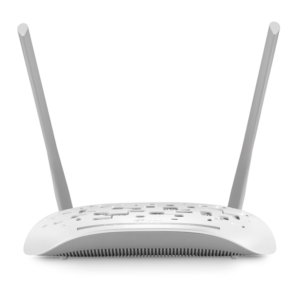 Biały router TP-Link z dwiema szarymi antenami, skierowany do przodu. Podstawa ma perforacje.