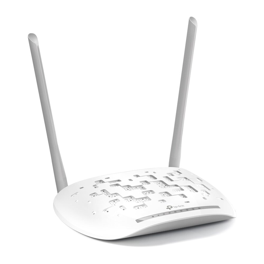 Biały router TP-Link z dwiema antenami skierowanymi w górę na białej powierzchni.