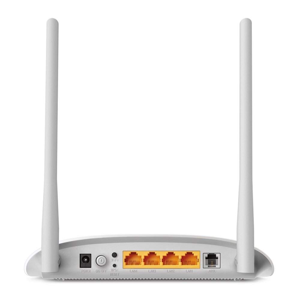 Biały router z dwiema antenami i pomarańczowymi portami. Widoczne porty zasilania, WiFi i LAN.