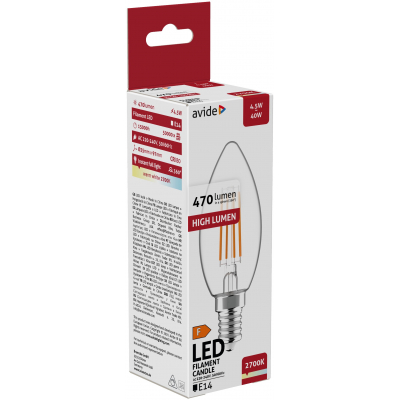 AVIDE LED Filament Candle gyertya izzó, 4.5W, E14, 470lm, WW 2700K, meleg fehér (ABLFC14WW-4.5W)