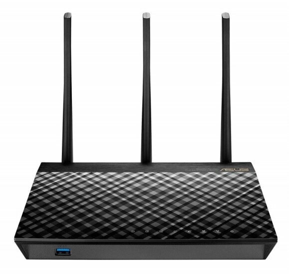 Czarno-szary router z trzema antenami. Ma wzór w szachownicę i port USB.