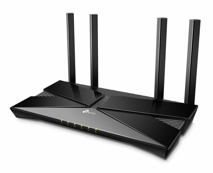 Czarny router TP-Link. Posiada 4 anteny i kontrolki z przodu.