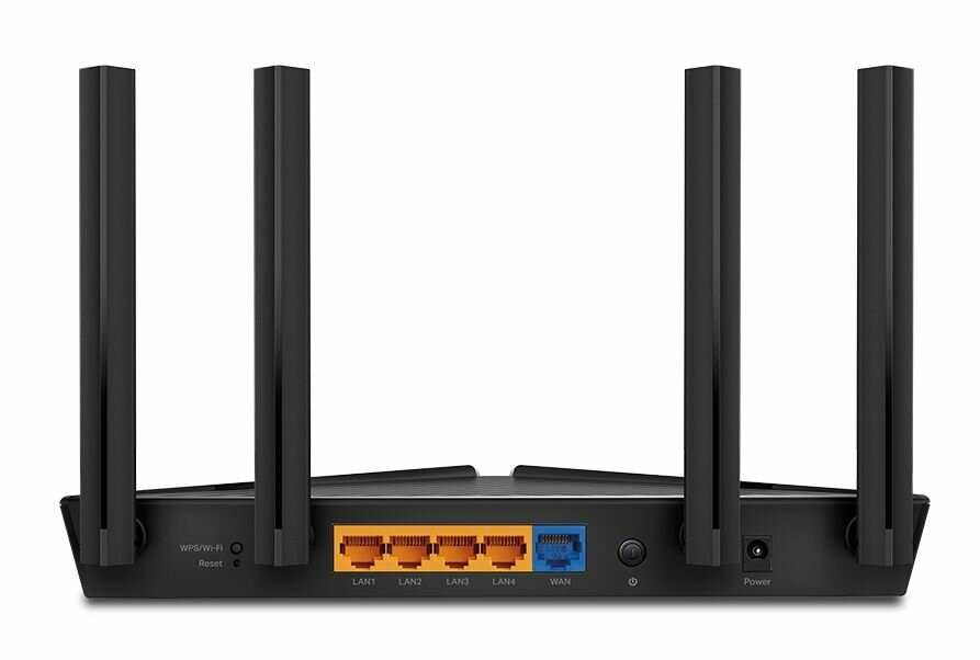 Czarny router z czterema antenami, portami i przyciskami zasilania/resetowania.