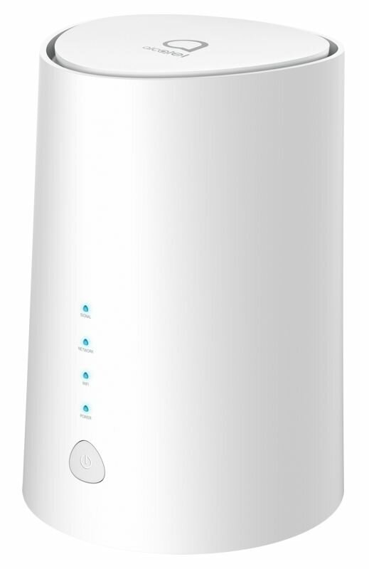 Białe urządzenie Alcatel z czterema niebieskimi lampkami kontrolnymi i przyciskiem zasilania. Tło jest białe.