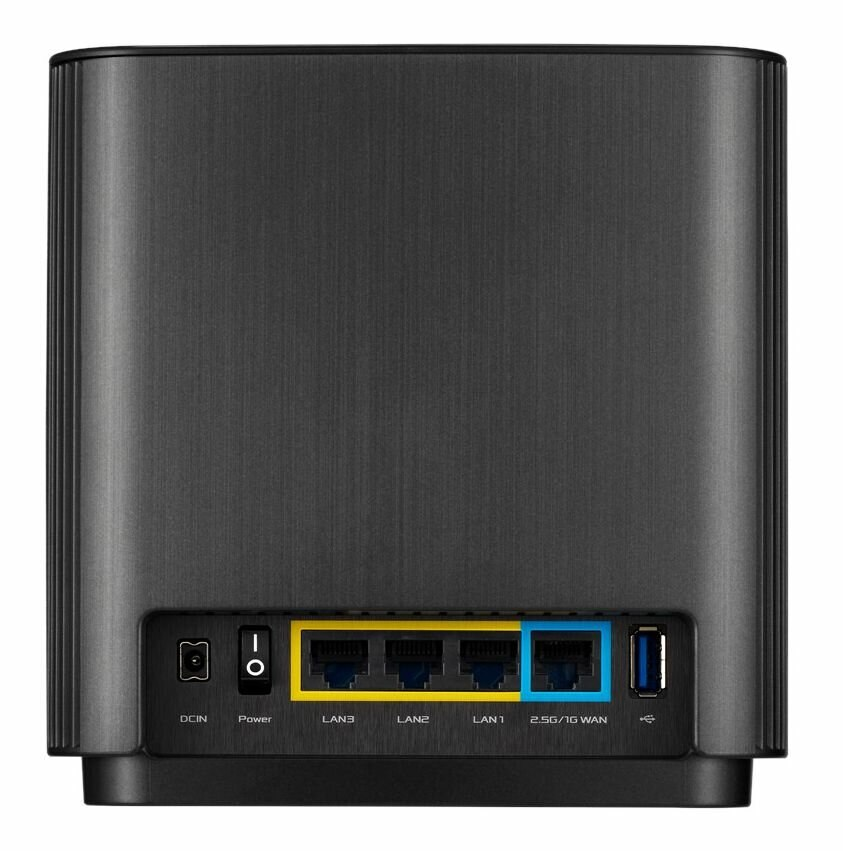 Czarny router z portami i etykietami z tyłu. Żółte i niebieskie akcenty.