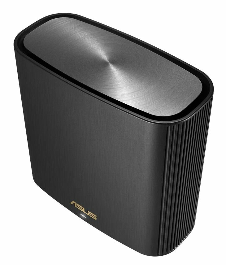 Czarny i srebrny router Asus. Ma cylindryczny kształt.