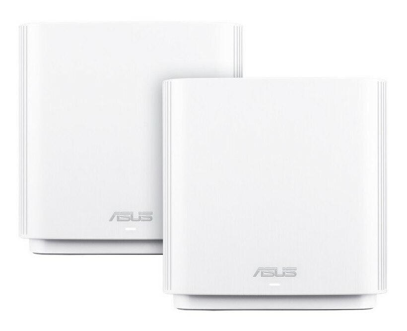 Dwa białe routery ASUS. Logo ASUS znajduje się z przodu.