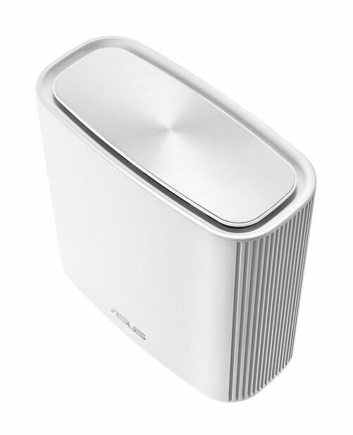 Biały router ASUS. Ma prostokątny kształt ze srebrną pokrywą.