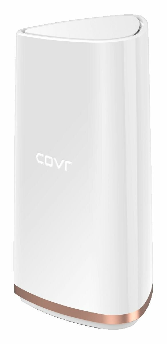 Biały router D-Link COVR z zakrzywionym designem i miedzianą podstawą.