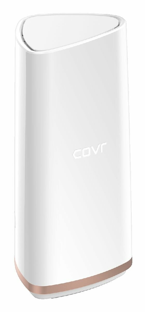 Białe, cylindryczne urządzenie smart home z napisem COVR i miedzianą podstawą.