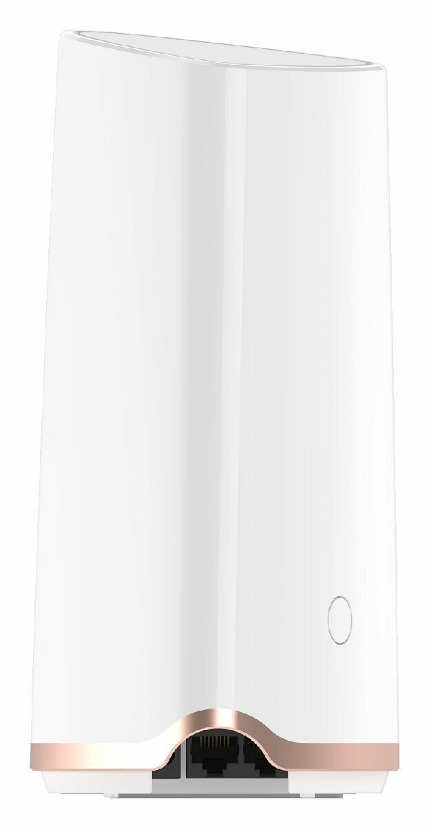 Biały router ze złotą podstawą, z portami, na białym tle.