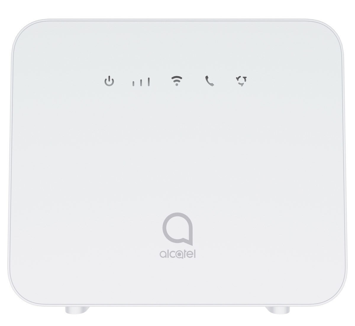 Biały router Alcatel ze wskaźnikami zasilania, sygnału, Wi-Fi, telefonu i Internetu na górze.