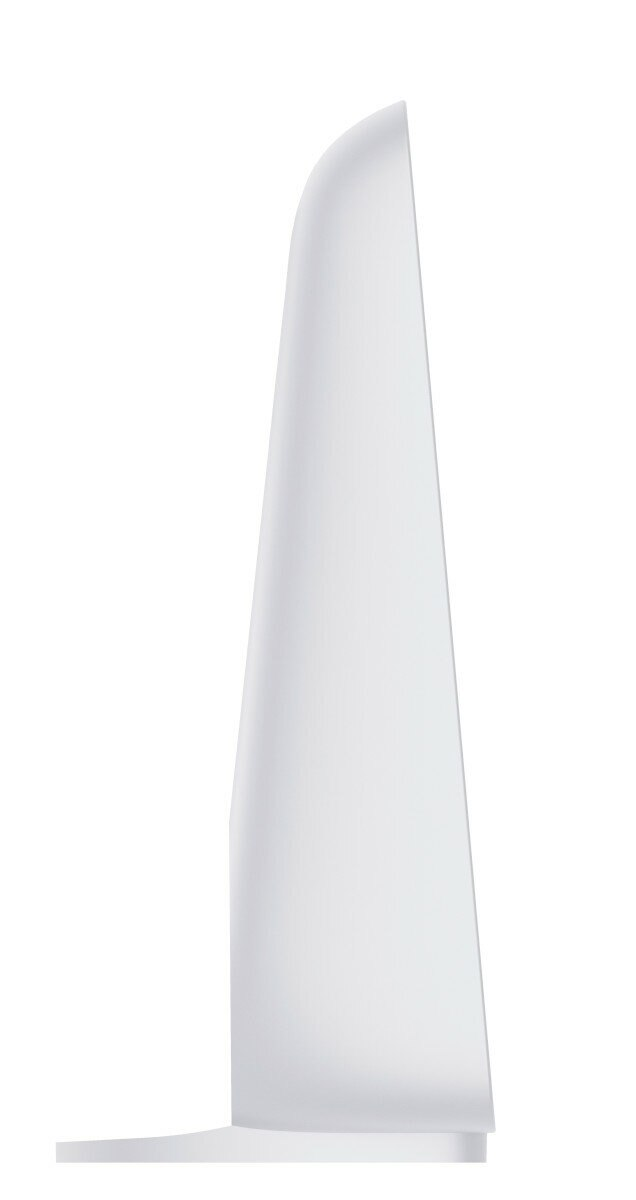 Biały router Wi-Fi o unikalnym kształcie, na białym tle. Router jest pionowy.