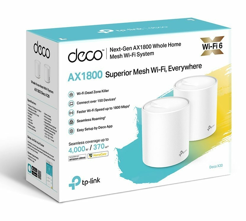 Pudełko systemu mesh Wi-Fi z dwoma białymi jednostkami i szczegółami produktu.