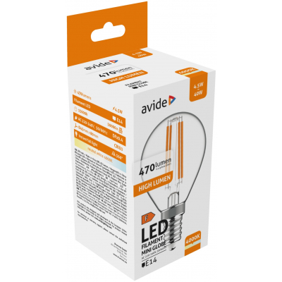 AVIDE LED Filament Mini Globe gömbizzó, 4.5W, E14, 470lm, NW 4000K, természetes fehér (ABLFMG14NW-4.5W)