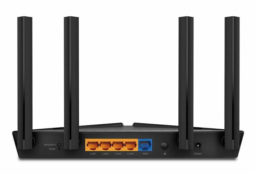 Czarny router z czterema antenami, portami i przyciskami z tyłu.