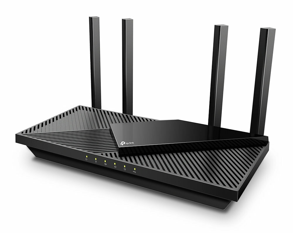 Czarny router z czterema antenami. Kątowa konstrukcja, wskaźniki i logo Tp-link.