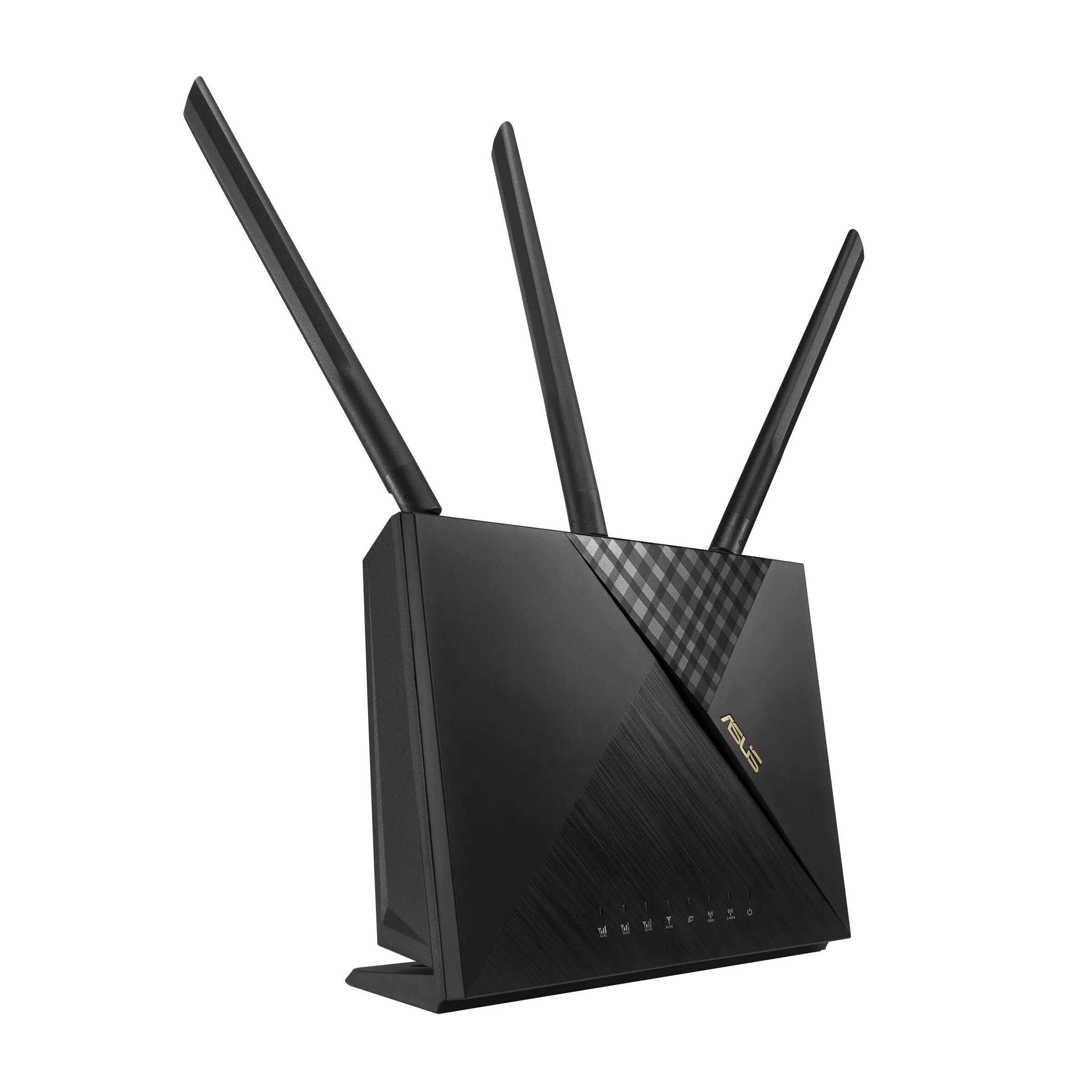 Czarny router ASUS z trzema antenami. Widok pod kątem na białym tle.