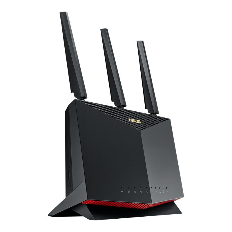 Czarny router z trzema antenami, pod kątem z boku.