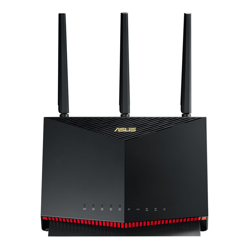 Czarny router ASUS z trzema antenami, światłami panelu przedniego i czerwonym wzorem podstawy.