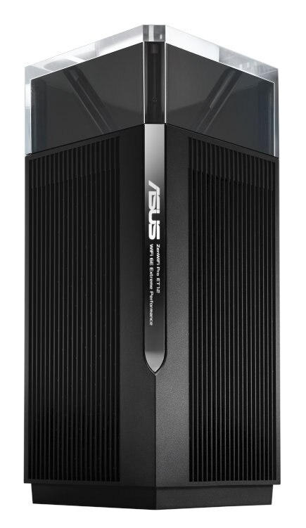 Czarny router Asus, z przezroczystym wierzchem, pionowymi liniami i logo Asus.