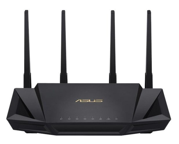 Czarny router ASUS z trzema antenami, widok z góry, na białym tle.