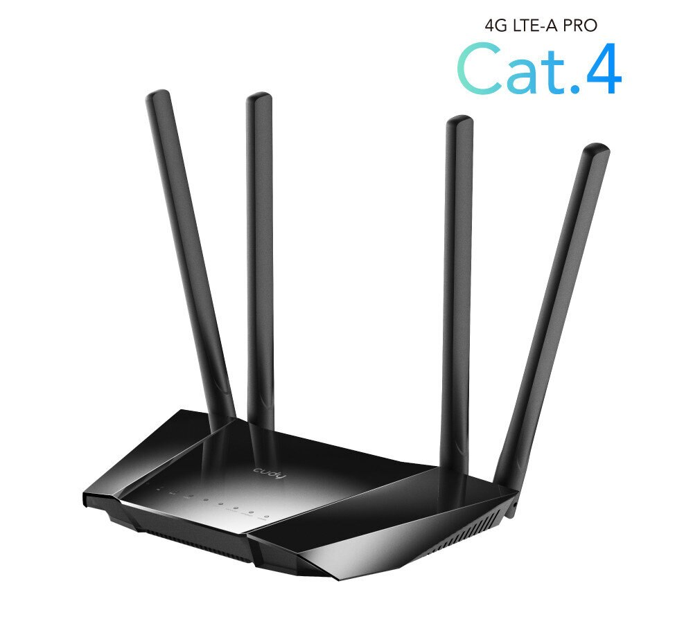 Czarny router z 4 antenami, tekst: 4G LTE-A PRO Cat.4