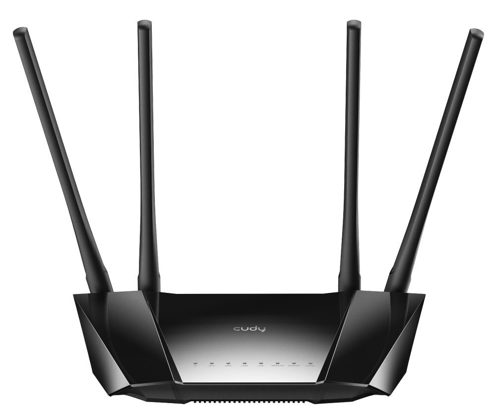 Czarny router z czterema antenami, skierowanymi w górę, na białym tle.