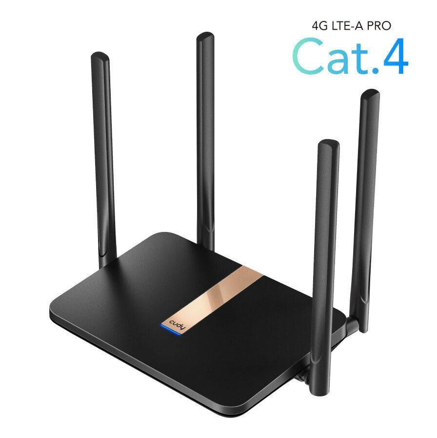 Czarny router z czterema antenami. Złoty detal i słowo cudy.