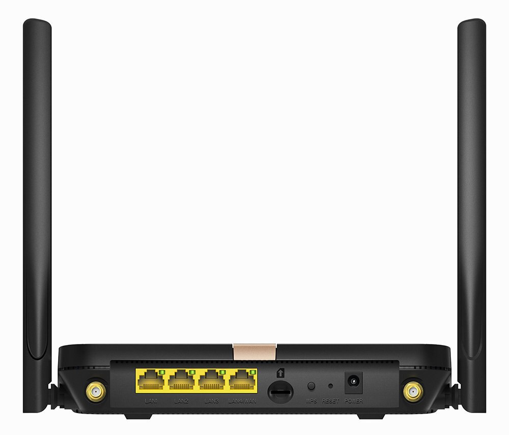 Czarny router z antenami, pokazujący porty LAN i wejście zasilania.