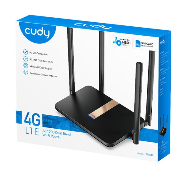 Pudełko routera z routerem w środku, z antenami i tekstem na pudełku, na białym tle.