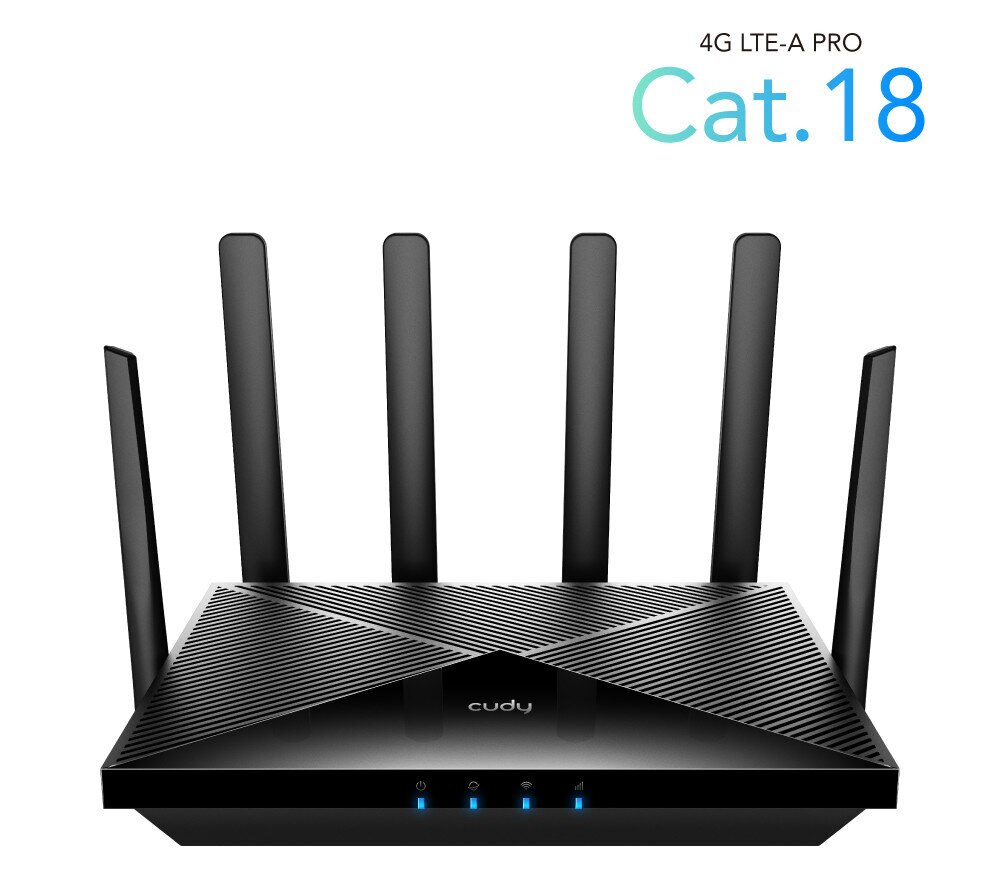 Czarny router Cudy z antenami i białym tłem, z tekstem.