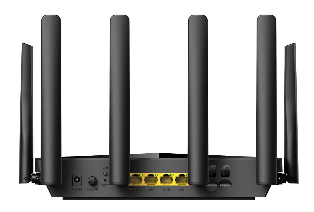 Czarny router sieciowy z 6 antenami.