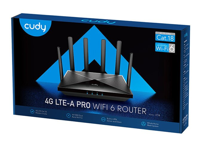 Pudełko routera, kolory niebieski i czarny. Tekst: Cudy, 4G LTE-A PRO WIFI 6 ROUTER, Wi-Fi 6 i inne specyfikacje.