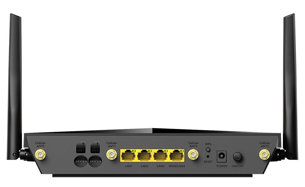 Czarny router z antenami. Ma wiele portów do połączenia z Internetem i komórkowego.