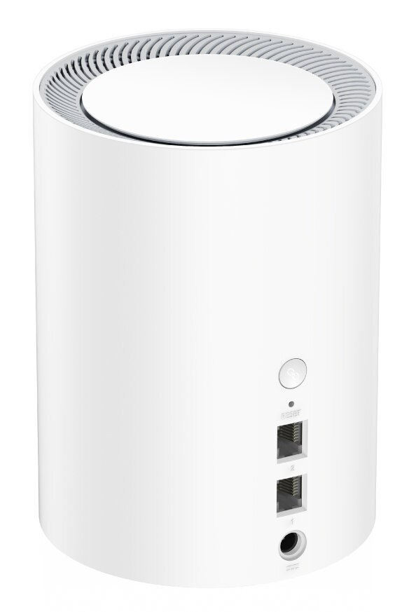Biały, cylindryczny router z okrągłym wierzchem. Z tyłu znajdują się porty i przycisk resetowania.